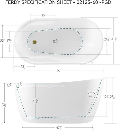 FerdY Lana'i 60" Freestanding Bathtub, Gracefully Shaped Freestanding Soaking tub, cUPC Certified, Polished Gold Drain Assembly Included
