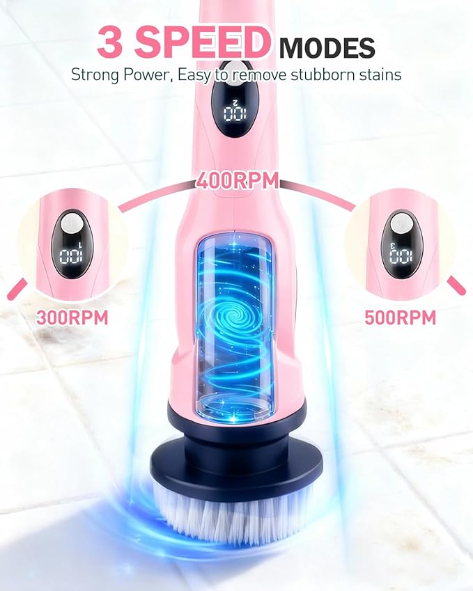 Electric Spin Scrubber, 3-Speed Cordless Shower Scrubber with 90° Adjustable & 10 Replaceable Brush Heads, 90 Mins Runtime & Full-Body IPX7 Waterproof Shower Cleaner Brush with Long Handle