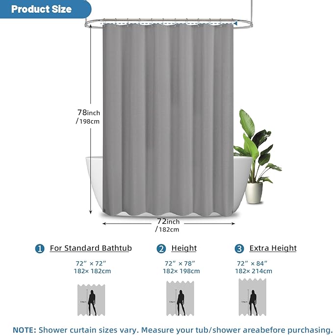 2-in-1 Waterproof Fabric Shower Curtain - No Separate Liner Needed, Hotel-Style Waffle Weave, Effortless Cleaning & Washable Bathroom Shower Curtain Set,72Wx78H,Grey
