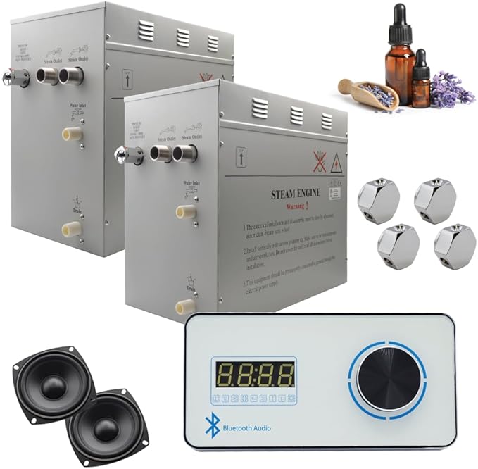 Superior Encore Plus 24 kW Steam Shower Generator Kit with Horizontal White Keypad & Aromatherapy Oils Set |Self-Draining Steam Generator|One-click Connection Cord|Bluetooth Audio|