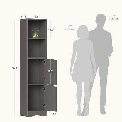 67" Tall Bathroom Organizer and Storage, Narrow Storage Cabinet with 2 Doors and 4 Shelves, Freestanding Floor Storage Unit,15.7" W x 11.8" D x 66.9" H, Grey