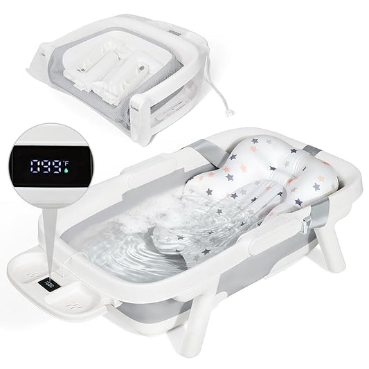 Orzbow Collapsible Baby Bathtub, Large Baby Bath Tub for Newborn with Soft Cushion & Thermometer, Travel Portable Baby Tubs for Infants to Toddler 0-36 Months, Gray