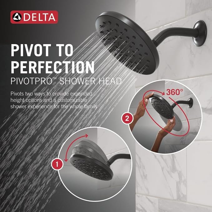 Delta PivotPro Matte Black Rain Showerhead, Single Setting 7 Inch Round Shower Head, Showerheads, 1.75 GPM Flow Rate, Matte Black 75104BL