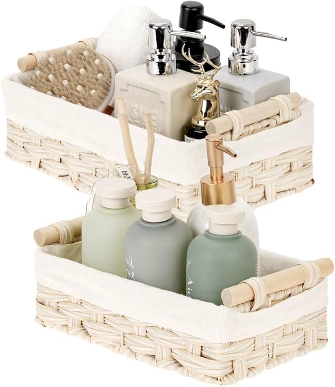 GRANNY SAYS Gray Wicker Baskets, Decorative Baskets for Shelves, Basket Organizer with Handles, Small Wicker Baskets for Organizing, Toilet Paper Baskets for Organizing, Set of 2