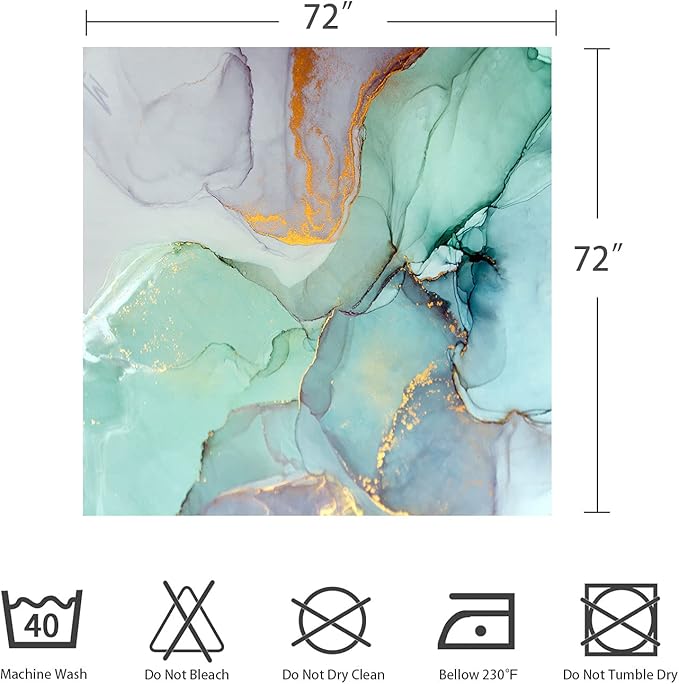 Gibelle Abstract Marble Shower Curtain, Blue Green Purple Jade Texture Gold Stripes Ombre Watercolor Paint, Modern Ink Art Decor Waterproof Fabric Curtain for Bathroom Set, 71x71