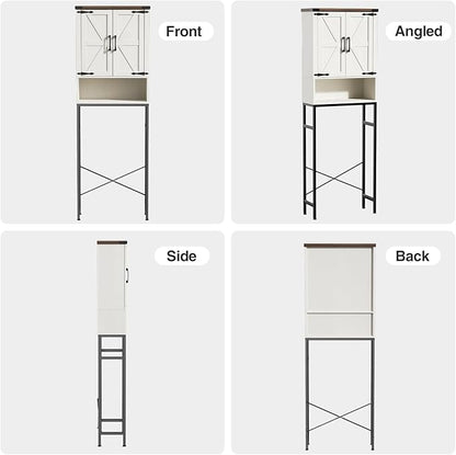 Over The Toilet Storage Cabinet with Farmhouse Doors and Adjustable Shelf, Tall Bathroom Organizer with Metal Stand Space Saver Over Toilet , Wood Rack for Bathroom, Restroom, Laundry, White
