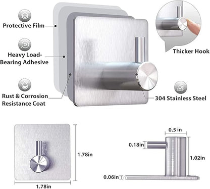 Adhesive Hooks Heavy Duty Wall Hooks Waterproof Stainless Steel Hooks for Hanging Coat, Hat,Towel Robe Hook Rack Wall Mount- Bathroom and Bedroom