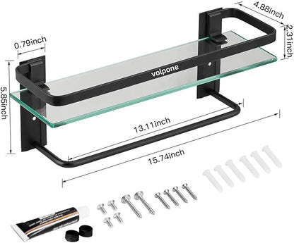 VOLPONE Bathroom Glass Shelf with Towel Bar Black Bathroom Shelf Wall Mount Rustproof Bathroom Wall Organizer Towel Rails1 Tier (Black)