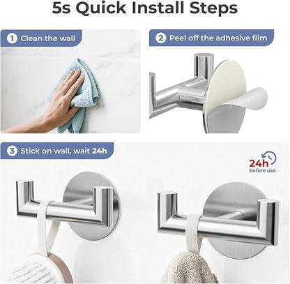 2 Pack Brushed Nickel Bathroom Hooks for Towels - Self Adhesive Double Hooks for Wall, No Drilling, Stainless Steel 304, Strong Hold for Robes, Coats, Shower Use