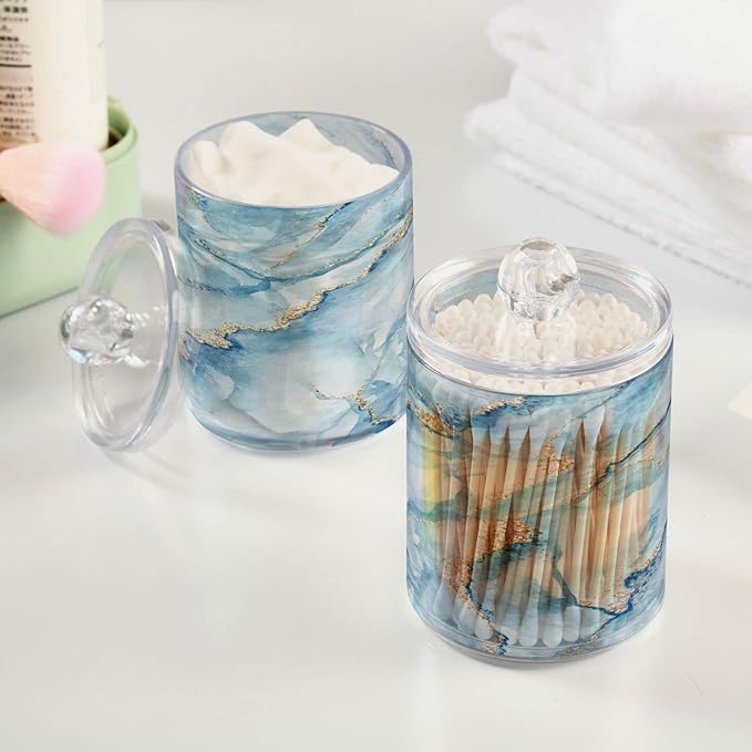 MNSRUU 2 Pack Qtip Holder Organizer Dispenser Sky Blue Marble Bathroom Storage Canister Cotton Ball Holder Bathroom Containers for Cotton Swabs/Pads/Floss