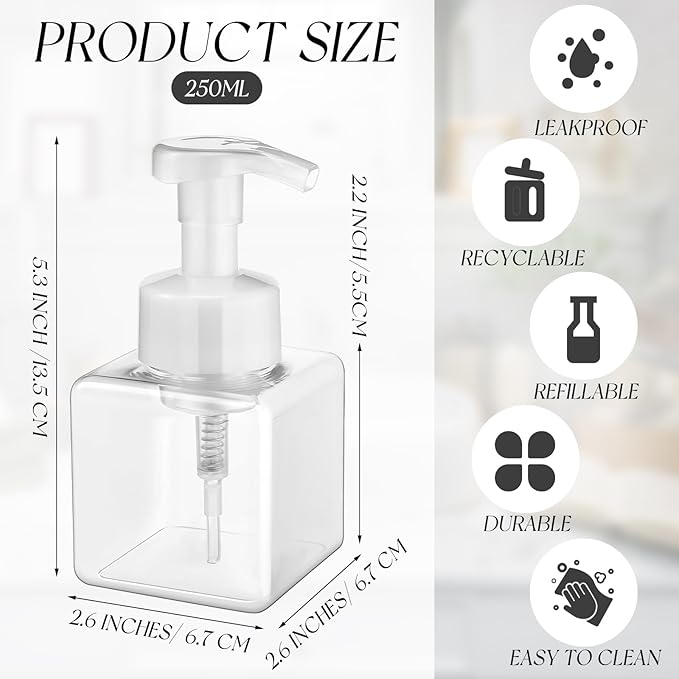 Domensi 12 Pcs Foam Pump Bottle Foaming Soap Dispenser Empty Travel Foaming Dispenser 8.5 oz Refillable Hand Soap Plastic Pump Bottle Travel Essentials Clear Container for Bathroom Vanities (White)