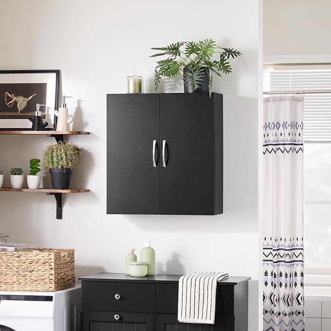 SoBuy Black Bathroom Wall Cabinet, Over The Toilet Storage Cabinet, Small Wall Mounted Medicine Cabinet with Adjustable Shelf, Narrow Floating Cabinet for Laundry Room Kitchen Entryway, BZR200-T-SCH