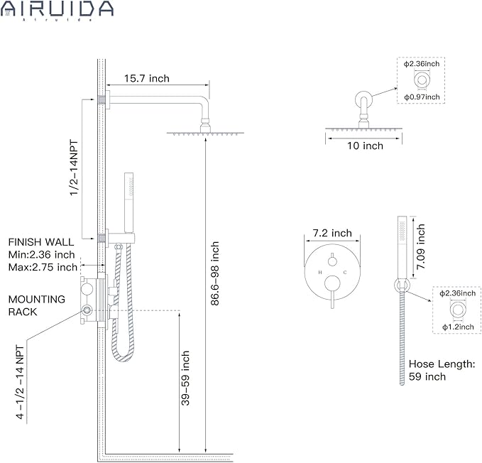 Airuida Shower Fixtures 2 Functions Shower Faucet Set Wall Mounted for Bathroom High Pressure Brass Handheld Shower with Rough-in Valve Round Rainfall 10 Inch Shower Head Brushed Nickel
