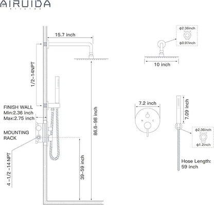 Airuida Shower Fixtures 2 Functions Shower Faucet Set Wall Mounted for Bathroom High Pressure Brass Handheld Shower with Rough-in Valve Round Rainfall 10 Inch Shower Head Brushed Nickel