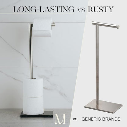 MARMOLUX ACC Free Standing Brushed Nickel Toilet Paper Holder Stand - 4 Jumbo Roll Bathroom Hardware - Standing Toilet Paper Holder - Stainless Steel Toilet Paper Stand - Brushed Steel/Black Marble