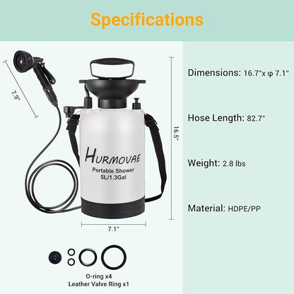 1.3 Gallon/5L Portable Shower–10 Spray Modes, Nylon Insulated Sleeve & No Electric Needed, Beach Shower for Surfing, Travel & Hiking, Portable Water Sprayer, White
