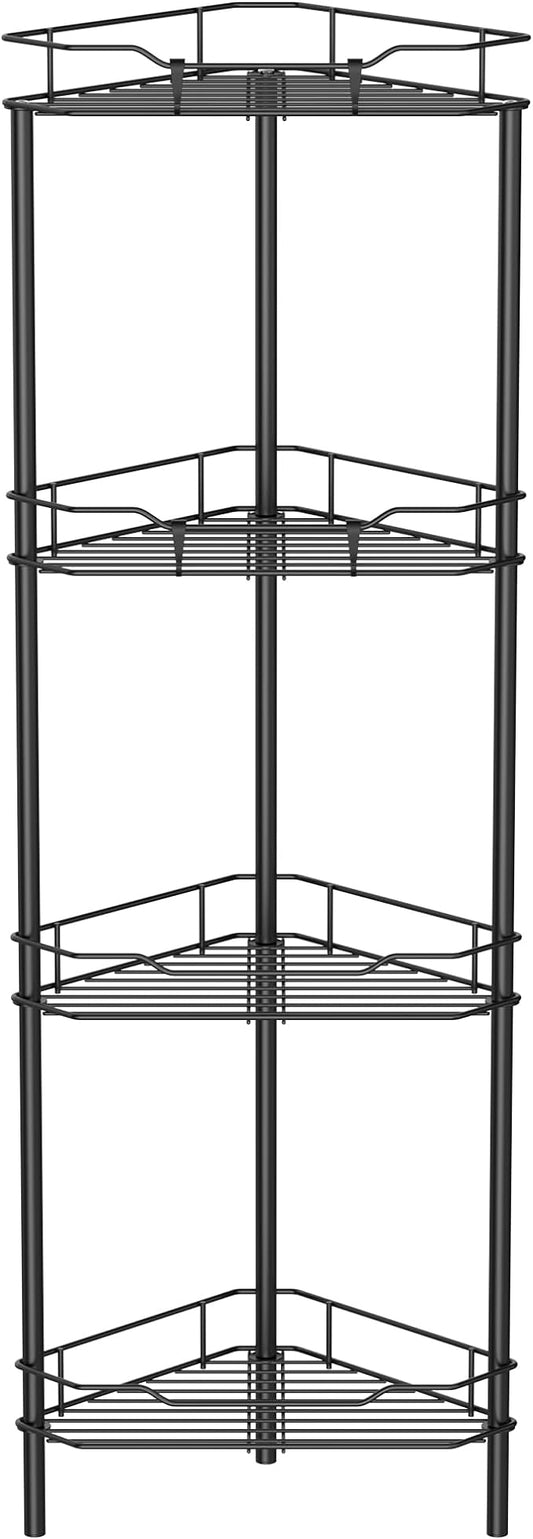 4 Tier Floor Standing Corner Shower Caddy Organizer Shelf with Hooks, Bathroom Shelves Stand Rack, Black