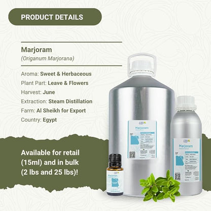 Marjoram Essential Oil - Direct from Al Sheikh for Export Egypt - Steam Distilled - Aceite de Mejorana for Aromatherapy, Massage, Diffuser, DIY Candle and Soap Making - 2lbs