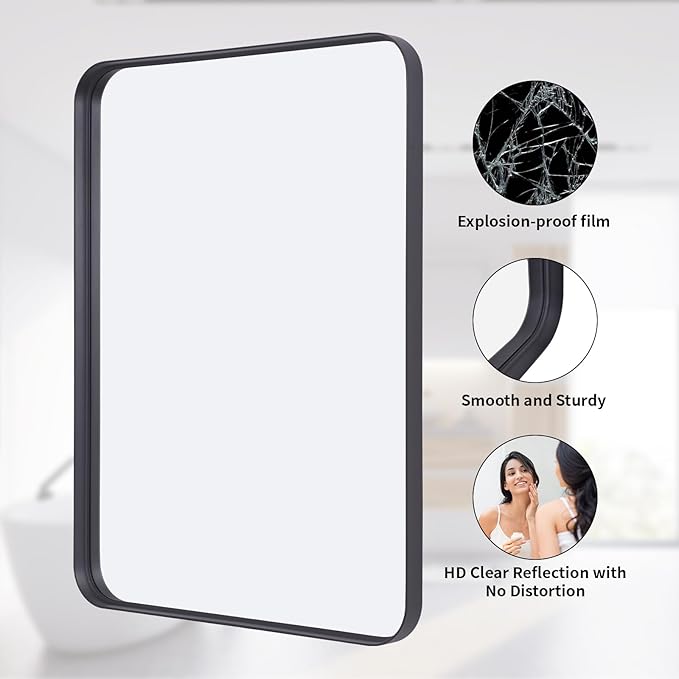 VooBang Bathroom Mirror 24x36 inch, Black Gorgeous Deep Frame Wall Mirror, Modern Round Corner Bathroom Vanity Mirror for Bedroom, Living Room, Hanging or Leaning Horizontal or Vertical, Black