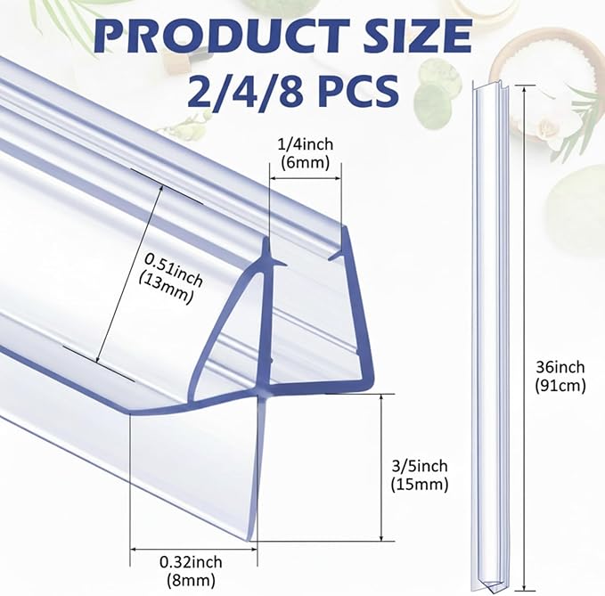 Frienda 4 Pcs Shower Door Bottom Seal 1/4" x 36'' Clear PVC Glass Door Sweep Shower Frameless Seal Strip for Replacement Stopping Leaks and Creating Water Barrier