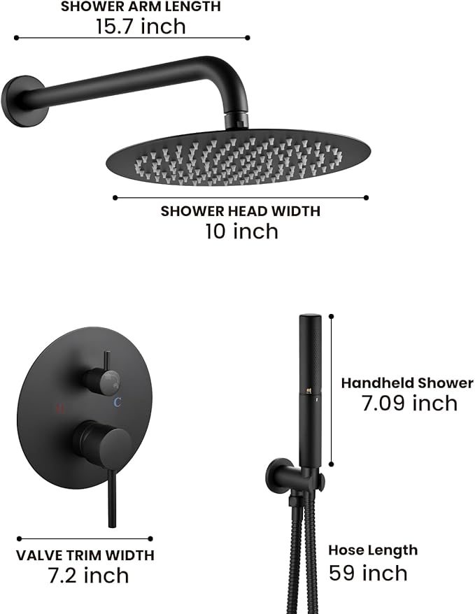 Airuida Shower Fixtures 2 Functions Shower Faucet Set Wall Mounted for Bathroom High Pressure Brass Handheld Shower with Rough-in Valve Round Rainfall 10 Inch Shower Head Matte Black