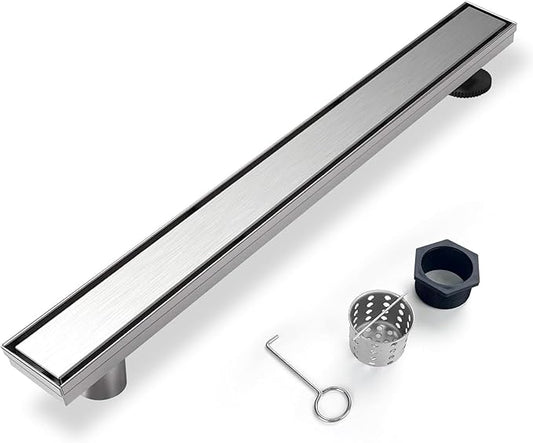 Offset Linear Shower Drain, Shower Drain 24 inch with 2-in-1 Tile Insert Cover, Brushed AISI 304 Stainless Steel Side Outlet Shower Floor Drain with Hair Catcher and Adjustable Feet