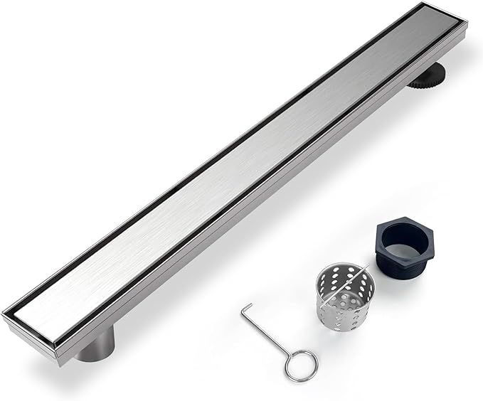Offset Linear Shower Drain, Shower Drain 48 inch with 2-in-1 Tile Insert Cover, Brushed AISI 304 Stainless Steel Side Outlet Shower Floor Drain with Hair Catcher and Adjustable Feet