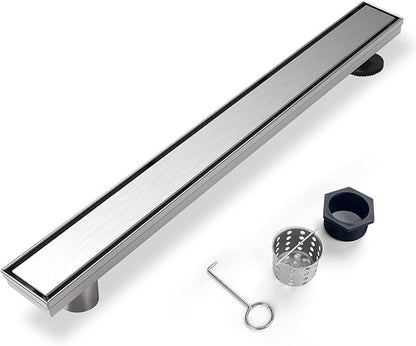 Offset Linear Shower Drain, Shower Drain 48 inch with 2-in-1 Tile Insert Cover, Brushed AISI 304 Stainless Steel Side Outlet Shower Floor Drain with Hair Catcher and Adjustable Feet
