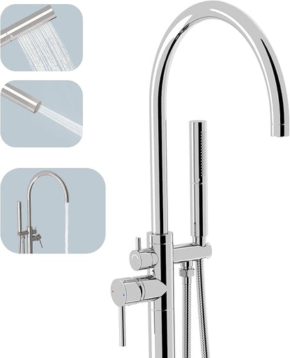 BESy Freestanding Bathtub Faucet Tub Filler Free Standing Floor Mount Stand Brass Bathroom Tub Faucets with 2 Function Hand Sprayer Shower Handheld Wand Swivel Spout, Polished Chrome Finish