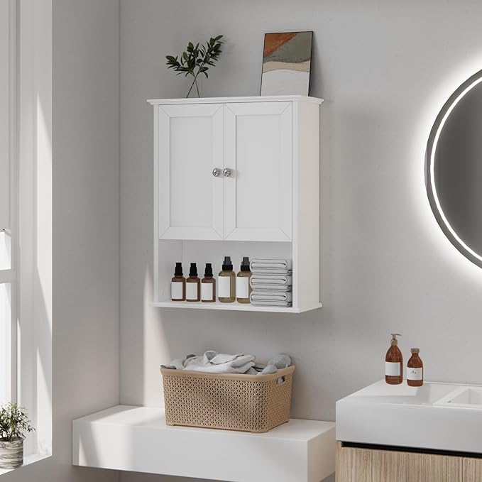 Medicine Cabinet, Over The Toilet Storage Cabinet, 24x30 Inch Wall Mount Bathroom Storage Cabinet with 2 Doors & Adjustable Shelf, Wooden Bathroom Wall Cabinet, White