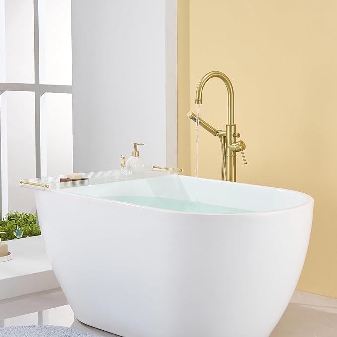 Free Standing Tub Faucet Brushed Gold Freestanding Bathtub Faucet Floor Mount Brass Bathroom Tub Filler with Hand Shower
