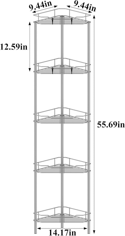 5 Tier Floor Standing Corner Shower Caddy Organizer Shelf with Hooks, Bathroom Shelves Stand Rack, Gray