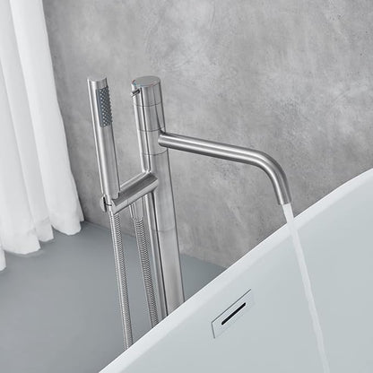 Freestanding Bathtub Faucet Floor Mount Tub Filler Brushed Nickel Brass Single Handle Bathroom Faucets with Hand Shower