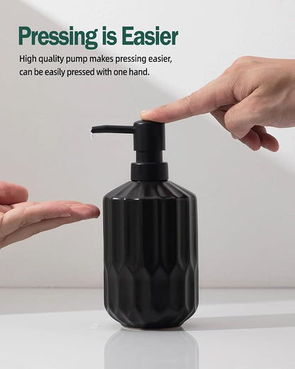 Fun Elements Bathroom Soap Dispenser, 16 Oz Luxurious Hand soap Dispenser for Bathroom, Ceramic Liquid Soap Dispenser for Bathroom Countertop with Plastic Pump, Silicone Funnel（Black Bottle）