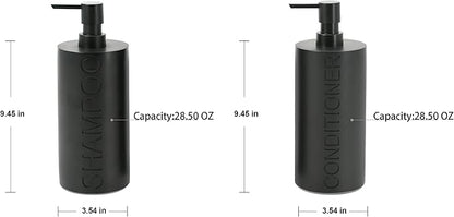 2-Pack Matte Black Resin Refillable Shampoo & Conditioner Bottles – Modern Bathroom Pump Dispenser Set, Durable Resin Shower Containers with Embossed Labels, Reusable Pump Bottle