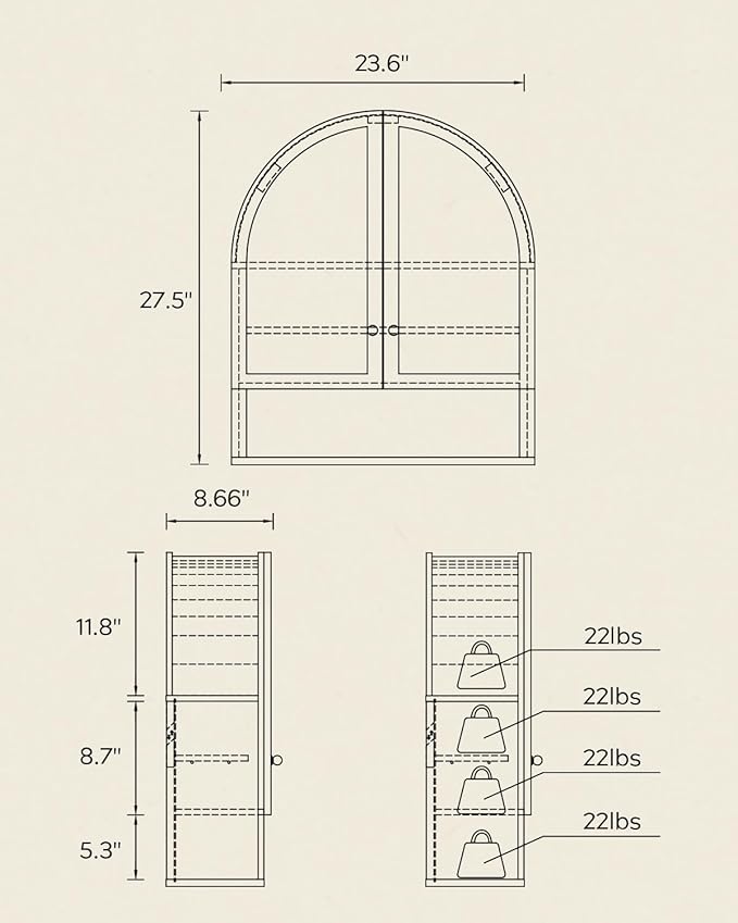 Arched Wall Cabinet with Acrylic Door, Large Wooden Wall Mounted Bathroom Cabinet, Modern Hanging Medicine Cabinet with Adjustable Shelf and Open Shelf, White