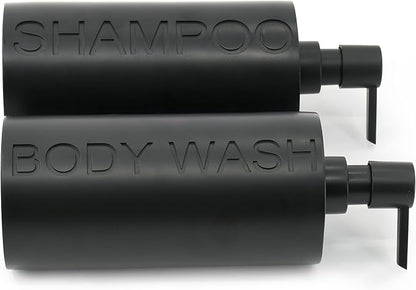 2-Pack Matte Black Resin Refillable Shampoo & Body Wash Bottles – Modern Bathroom Pump Dispenser Set, Durable Resin Shower Containers with Embossed Labels, Reusable Pump Bottle