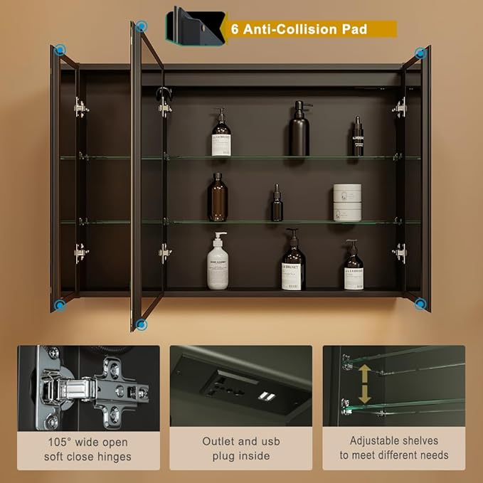 KWW LED Lighted Bathroom Medicine Cabinet with Sockets & USBs, Defogger, Dimmable, 3 Color Light Makeup Mirror, Easy to Install, Wall Mounted Cabinet (3 door-40 * 28)