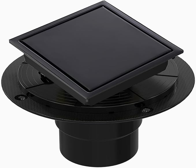 4 Inch Square Shower Floor Drain, Shower Drain Kit with Flange and 2 in 1 Tile-Insert Cover, Square Shower Drain, SUS 304 Stainless Steel Floor Drain,Matte Black