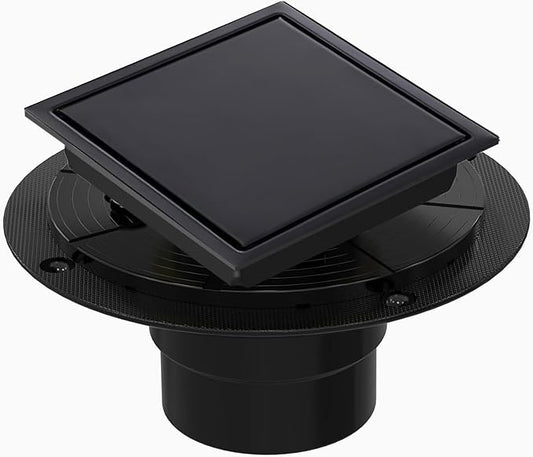 4 Inch Square Shower Floor Drain, Shower Drain Kit with Flange and 2 in 1 Tile-Insert Cover, Square Shower Drain, SUS 304 Stainless Steel Floor Drain,Matte Black