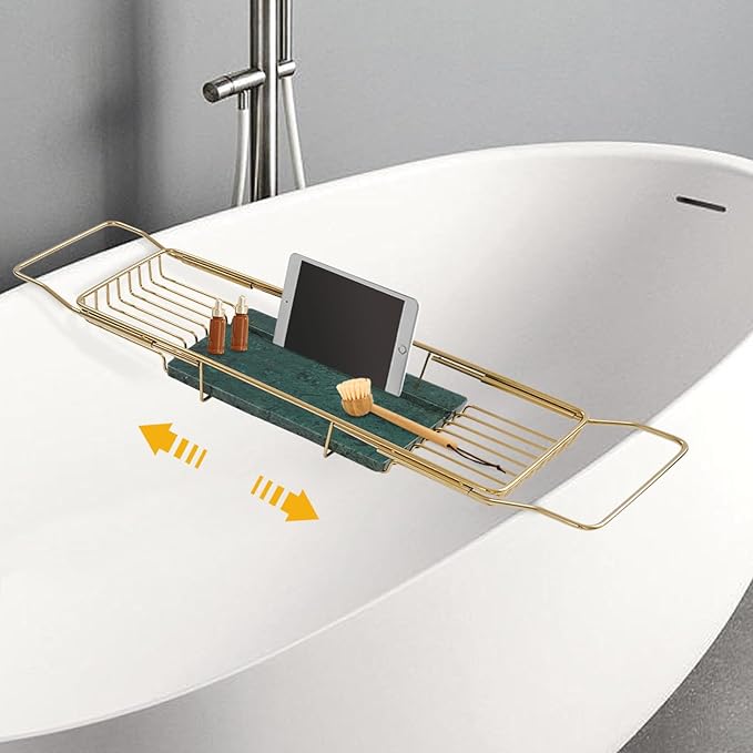 Bathtub Tray Caddy for Luxury Bath, Stainless Steel 26.8-35.4 in Expandable Extra Wide Bath Tub Tray with Natural Marble and Mobile/Tablet Stand, Ideal for Home Spa Lovers (Gold + Green)