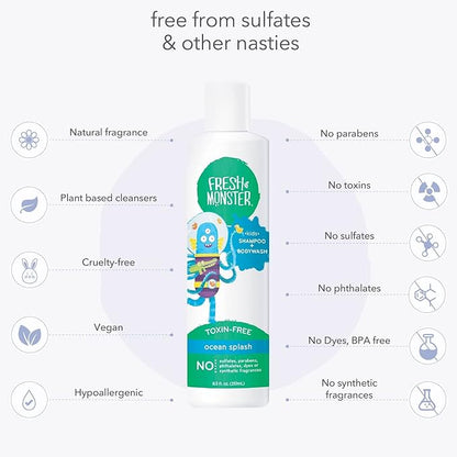 Fresh Monster 2-in-1 Natural Shampoo & Body Wash for Kids, Toxin-Free, Hypoallergenic, Ocean Splash (2 Pack, 8.5oz/each)