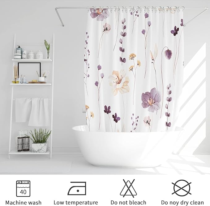 Gibelle Long Shower Curtain 72 x 78, Watercolor Floral Fabric Shower Curtain, Plum Beige Flower Decorative Bathroom Shower Curtain Set
