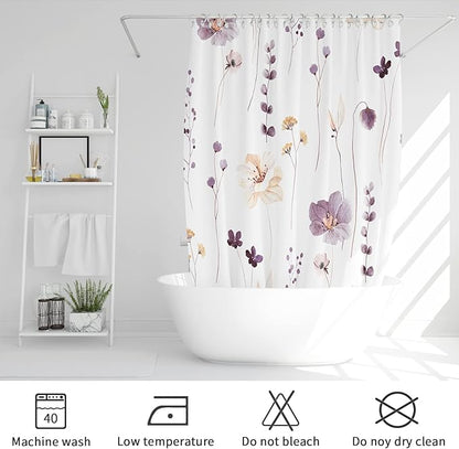 Gibelle Watercolor Floral Shower Curtain, Plum Beige Flower Shower Curtain for Bathroom, Modern Minimalist White Waterproof Fabric Shower Curtain Set 72x72 Inch