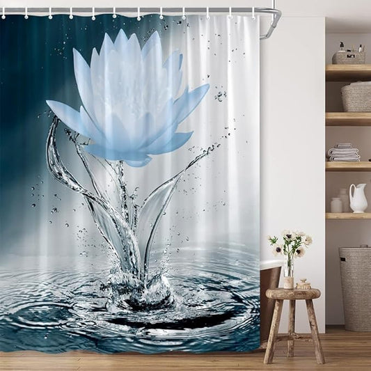 Lotus Shower Curtain Black White Blue Flower Elegant Blooming Floral with Dew Spring Flower Reflection on Water Modern Romantic Polyester Fabric Bathroom Decor 70×96 Inch with Hook