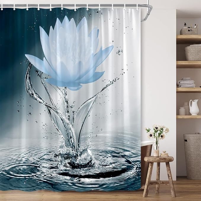 Lotus Shower Curtain Black White Blue Flower Elegant Blooming Floral with Dew Spring Flower Reflection on Water Modern Romantic Polyester Fabric Bathroom Decor 70×78 Inch with Hook