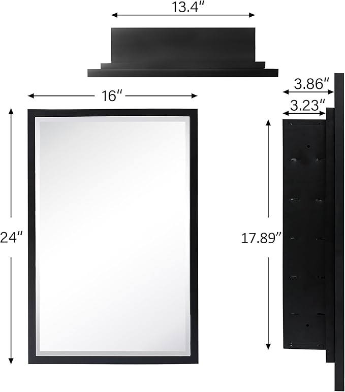TEHOME Black Metal Framed Recessed Bathroom Medicine Cabinet with Mirror Rectangle Beveled Vanity Mirrors for Wall 16 x 24 inches