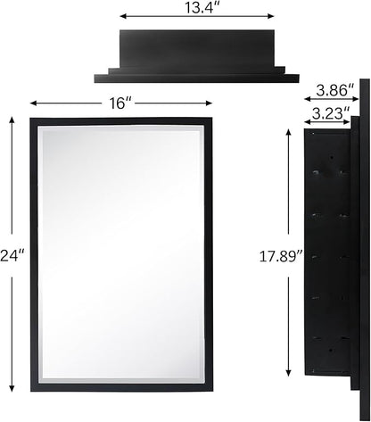 TEHOME Black Metal Framed Recessed Bathroom Medicine Cabinet with Mirror Rectangle Beveled Vanity Mirrors for Wall 16 x 24 inches