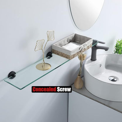 JQK Bathroom Glass Shelf Black, Tempered Glass Shower Storage 30 by 5 inches, 304 Stainless Steel Matte Black Wall Mount, TGS101L30-PB