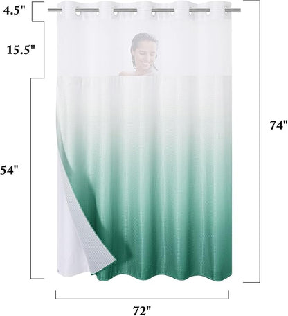Gibelle No Hook Waffle Weave Shower Curtain with Snap-in Fabric Liner Set for Bathroom, Hotel Style with Mesh Top Window, Waterproof & Washable, Ombre Teal, 72x74